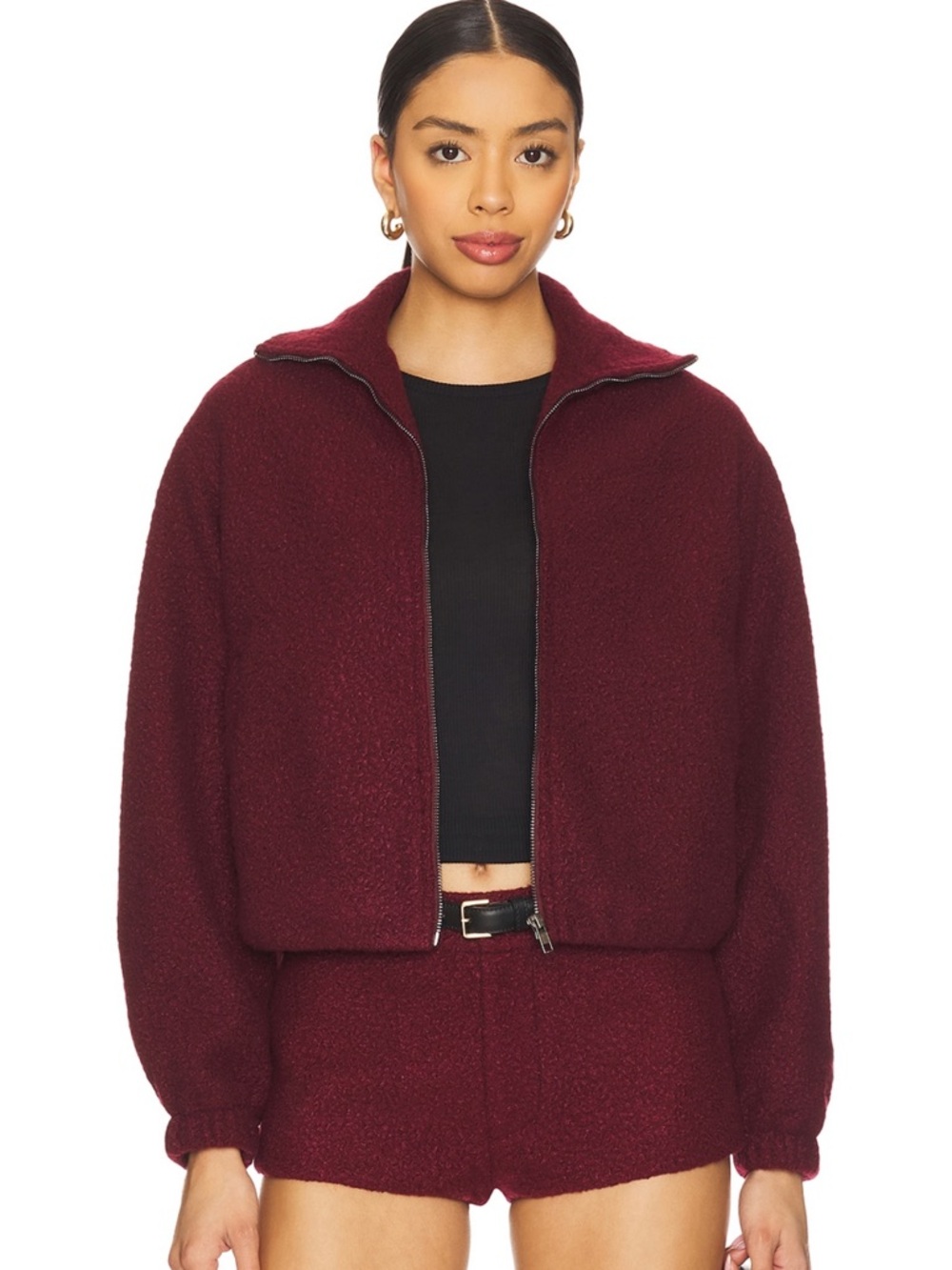Amanda Uprichard Burgundy Bouclé Zip Jacket